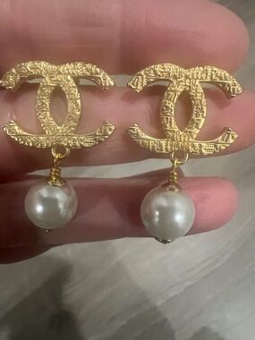 CHANEL Gold Tone CC Logo Drop Earrings with White Pearl Drops
